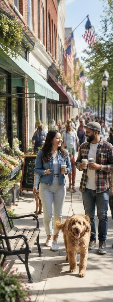 Neighbors walking along a lively independent main street