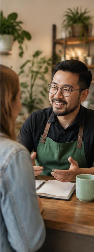 A business owner answering practical questions across a counter