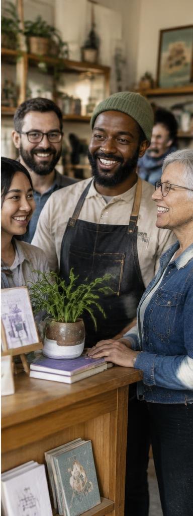 Neighbors gathering around a local shop owner