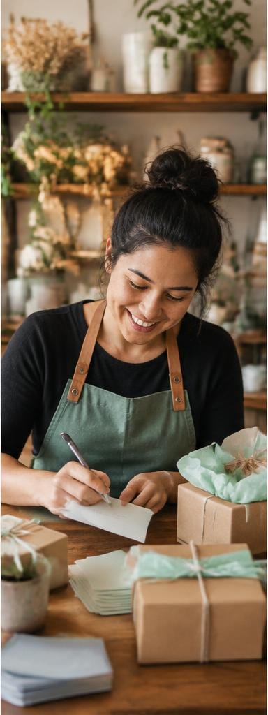 A grateful shop owner preparing rewards and thank-you notes