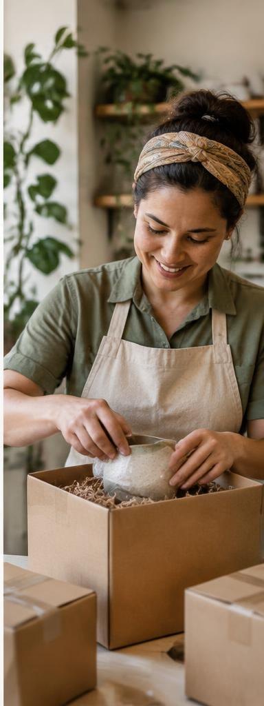 A shop owner carefully packing customer reward boxes