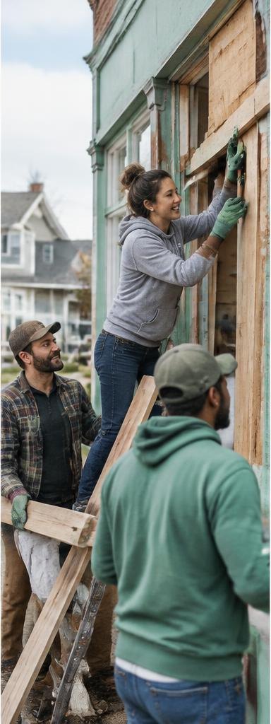 Neighbors helping repair a local storefront after a setback