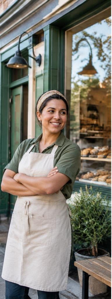 A local bakery owner outside her neighborhood storefront
